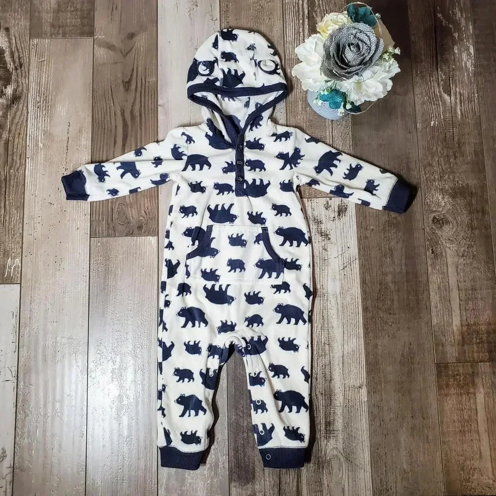 Carter's One Piece Fleece Hooded Jumper Jumpsuit White Blue Bears Size 12m EUC
